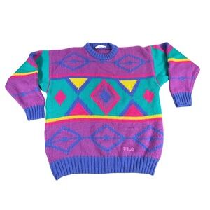 Vtg 80s/90s FILA Wool Sweater Purple Geo Design Men's large 42 GRAIL Multi color